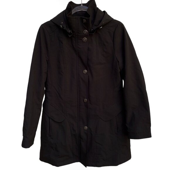 Forcaster of Boston Hooded Black Rain Coat Quilted Lining Cinched Waist M - Picture 9 of 11